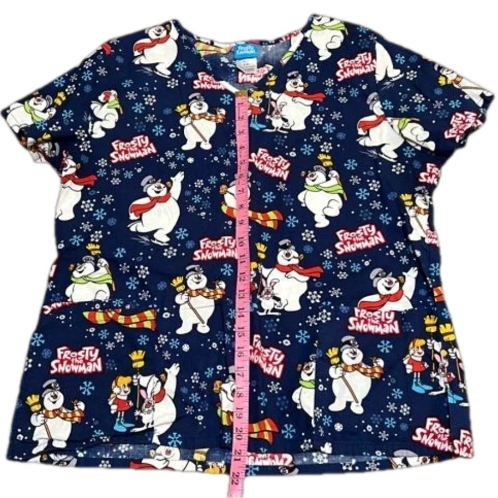 Warner Bros Frosty The Snowman Scrub Top Blue Snowman Snowflake Women Size L
